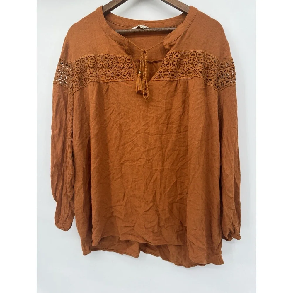 Tantrums 2X  Boho peasant Blouse western rodeo tassel rayon open knit‎ tan - Picture 2 of 9